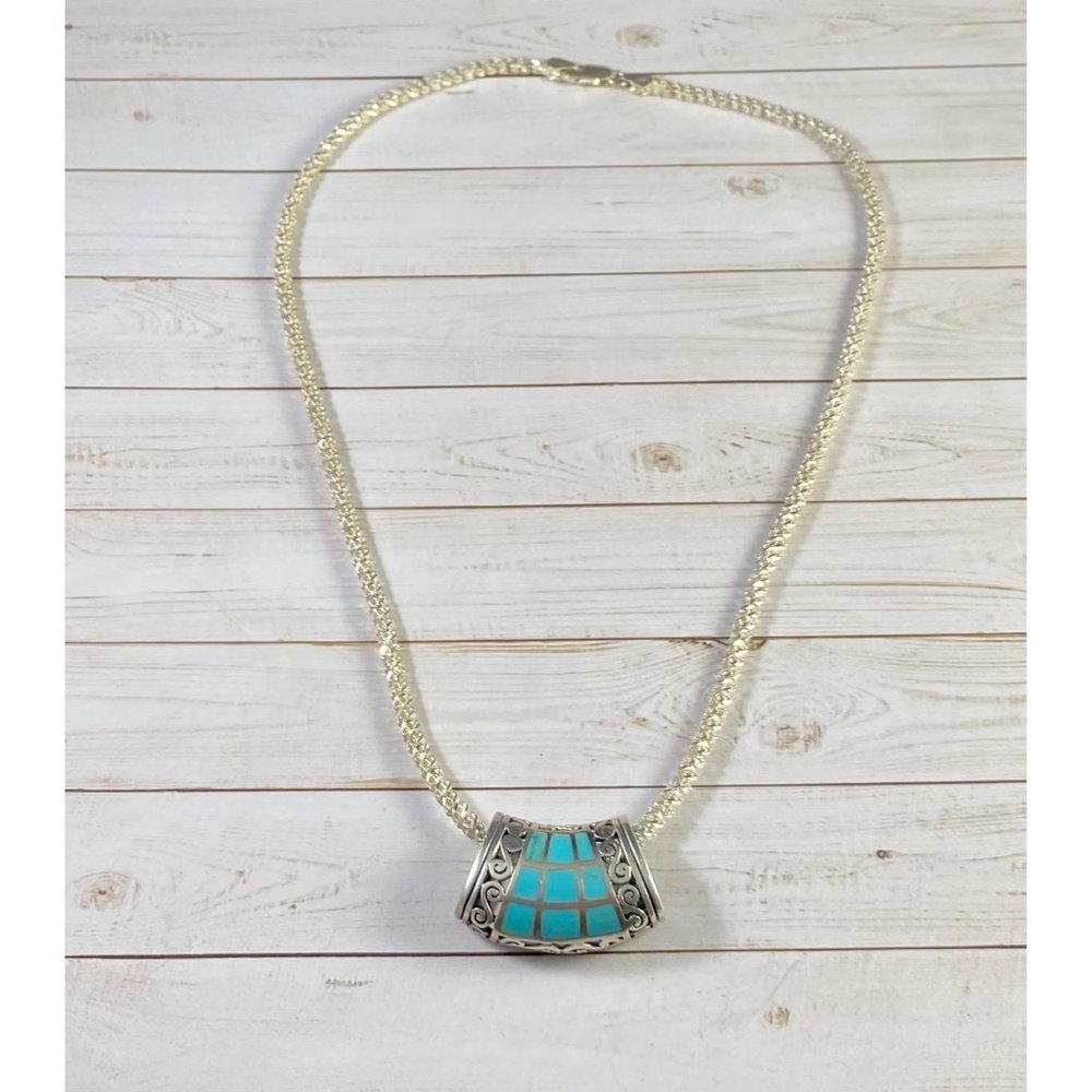 Vintage SE 925 Turquoise Pendant Italy Sterling Rope Chain Necklace